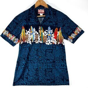 RJC Hawaii Aloha Shirt Mens Medium Blue Surfboard Tiki Floral Camp‎ Button Up